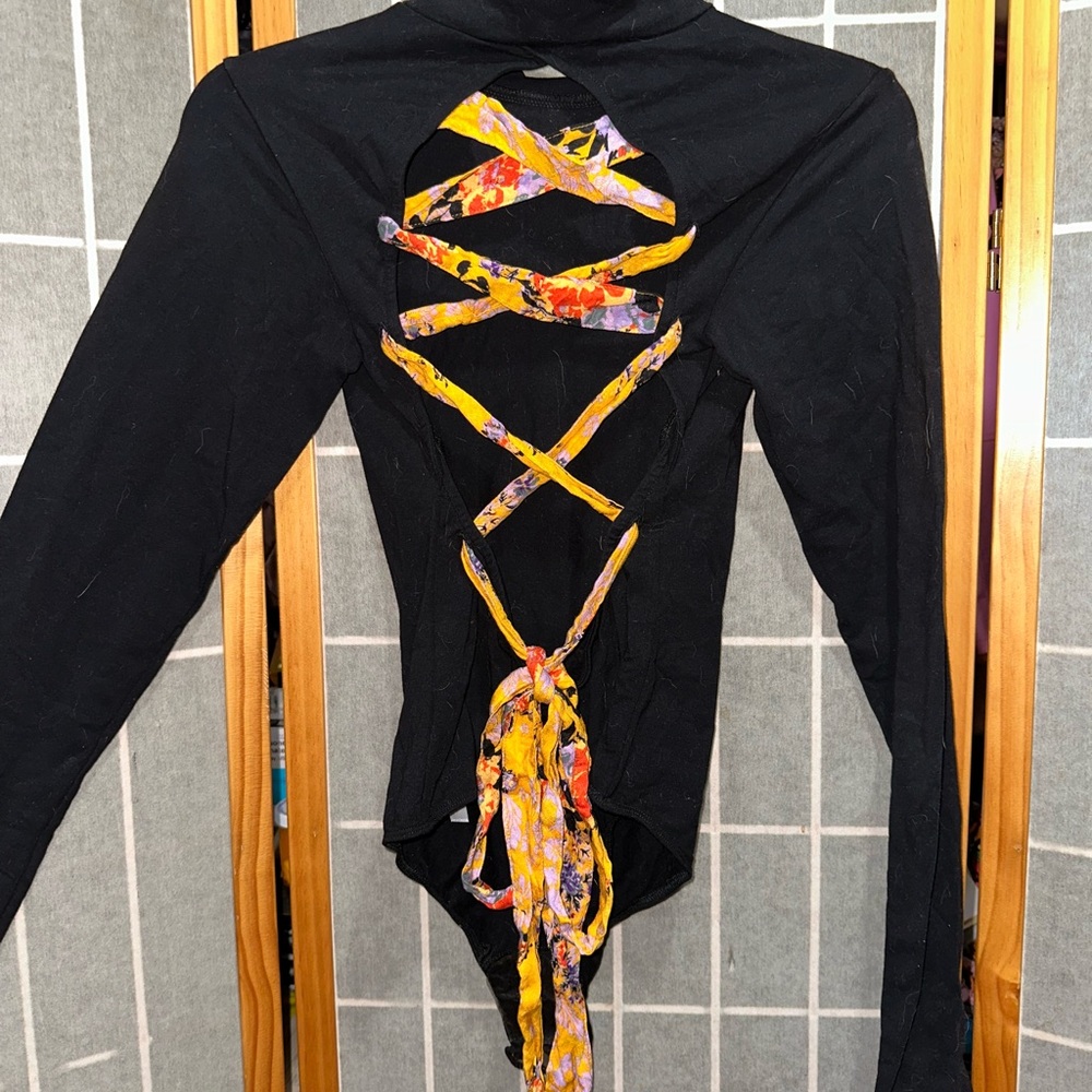 FULL OUTFIT Free People Black Corset Back Bodysuit and Colorful Patchwork Jeans - Picture 5 of 8